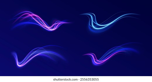 Futuristic dynamic motion technology blue glowing lines air flow effect.  Racing cars dynamic flash effects city road with long exposure. Horizontal speed lines connection vector background. 