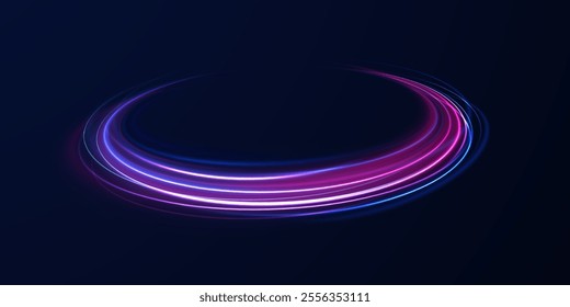 Futuristic dynamic motion technology blue glowing lines air flow effect.  Racing cars dynamic flash effects city road with long exposure. Horizontal speed lines connection vector background. 