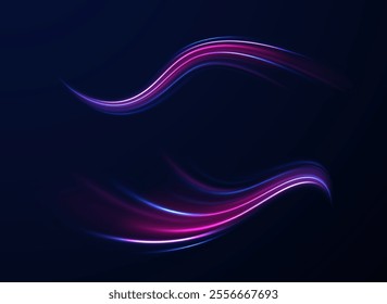 Futuristic dynamic motion technology blue glowing lines air flow effect.  Racing cars dynamic flash effects city road with long exposure. Horizontal speed lines connection vector background. 