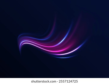 Futuristic dynamic motion technology blue glowing lines air flow effect.  Racing cars dynamic flash effects city road with long exposure. Horizontal speed lines connection vector background. 