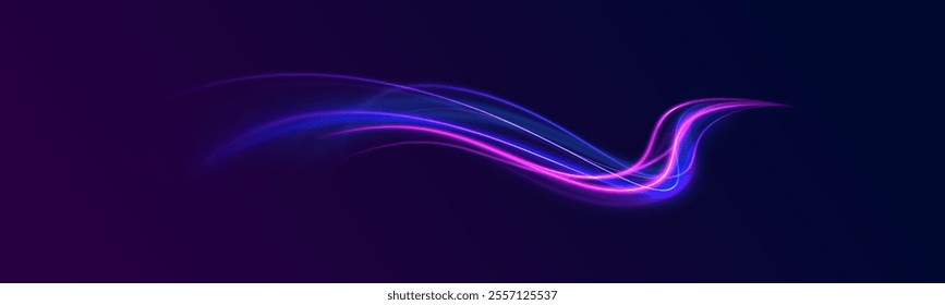 Futuristic dynamic motion technology blue glowing lines air flow effect.  Racing cars dynamic flash effects city road with long exposure. Horizontal speed lines connection vector background. 