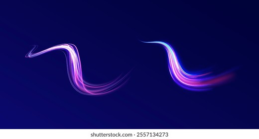 Futuristic dynamic motion technology blue glowing lines air flow effect.  Racing cars dynamic flash effects city road with long exposure. Horizontal speed lines connection vector background. 