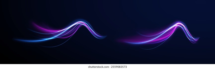 Futuristic dynamic motion technology blue glowing lines air flow effect.  Racing cars dynamic flash effects city road with long exposure. Horizontal speed lines connection vector background. 