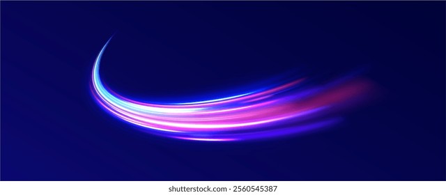 Futuristic dynamic motion technology blue glowing lines air flow effect.  Racing cars dynamic flash effects city road with long exposure. Horizontal speed lines connection vector background. 