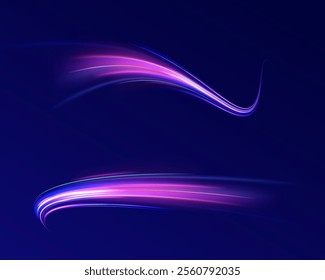 Futuristic dynamic motion technology blue glowing lines air flow effect.  Racing cars dynamic flash effects city road with long exposure. Horizontal speed lines connection vector background. 