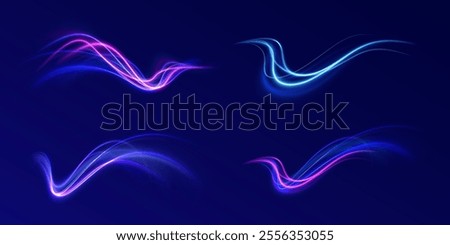 Futuristic dynamic motion technology blue glowing lines air flow effect.  Racing cars dynamic flash effects city road with long exposure. Horizontal speed lines connection vector background. 