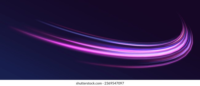 Futuristic dynamic motion technology. Neon color glowing lines background, high-speed light trails effect. Purple glowing wave swirl, impulse cable lines.	