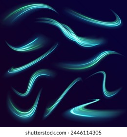 Futuristic dynamic motion technology. Neon color glowing lines background, high-speed light trails effect. Light and stripes moving fast over dark background.	
