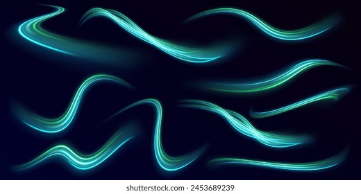 Futuristic dynamic motion technology. Neon color glowing lines background, high-speed light trails effect. Light and stripes moving fast over dark background.	
