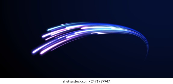 Futuristic dynamic motion technology. Neon color glowing lines background, high-speed light trails effect. Purple glowing wave swirl, impulse cable lines.	