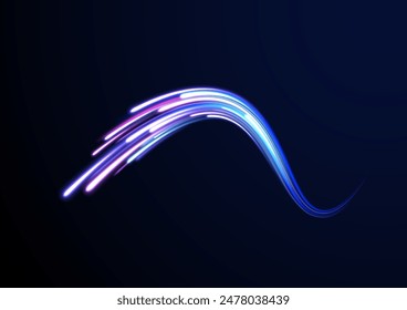 Futuristic dynamic motion technology. Neon color glowing lines background, high-speed light trails effect. Purple glowing wave swirl, impulse cable lines.	
