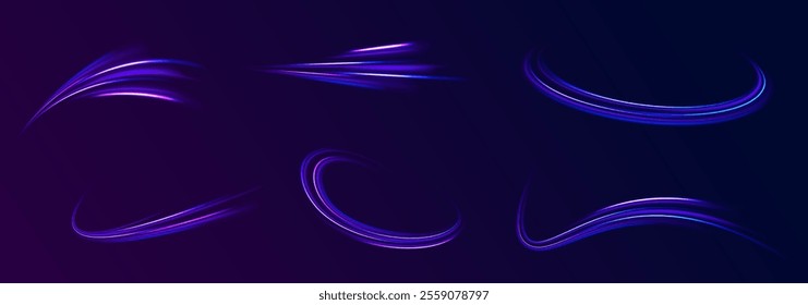 Futuristic dynamic motion technology. Png, neon, line, blur, beam, ray, abstract, energy. Neon color glowing lines background, Glowing wave swirl, impulse cable lines. High-speed light trails effect. 