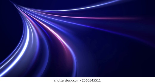 Futuristic dynamic motion technology. Png, neon, line, blur, beam, ray, abstract, energy. Neon color glowing lines background. Glowing wave swirl, impulse cable lines. High-speed light trails effect. 