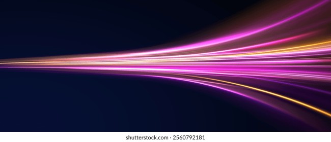 Futuristic dynamic motion technology. Png, neon, line, blur, beam, ray, abstract, energy. Neon color glowing lines background. Glowing wave swirl, impulse cable lines. High-speed light trails effect. 