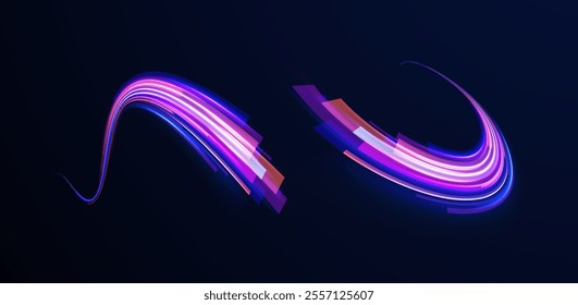 Futuristic dynamic motion technology.Neon color glowing lines background, Glowing wave swirl, impulse cable lines. High-speed light trails effect.  Png, neon, line, blur, beam, ray, abstract, energy, 