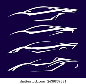 Futuristic dynamic sports car silhouettes set in white lines on dark background for automotive logo or design elements.