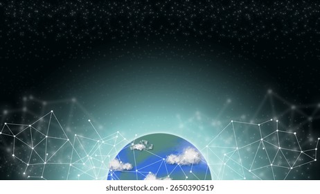Futuristic earth with digital network lines and glowing connections under starry sky, symbolizing global technology, data, and sustainable innovation for a greener planet and smarter future.