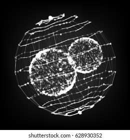 Futuristic Earth Globe. 3d Planet Concept. Flying Debris. 3D Vector Illustration. Digital Abstract Background With Glowing Halftone, Flying Debris.