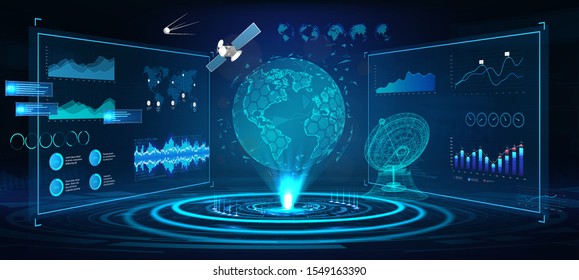 Futuristic Earth globe hologram and HUD interface panels, with 3D antenna and satellites. Сontrol center dashboard. Earth globe hologram with sci-fi interface. Vector illustration 
