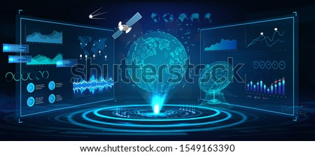 Futuristic Earth globe hologram and HUD interface panels, with 3D antenna and satellites. Сontrol center dashboard. Earth globe hologram with sci-fi interface. Vector illustration 
