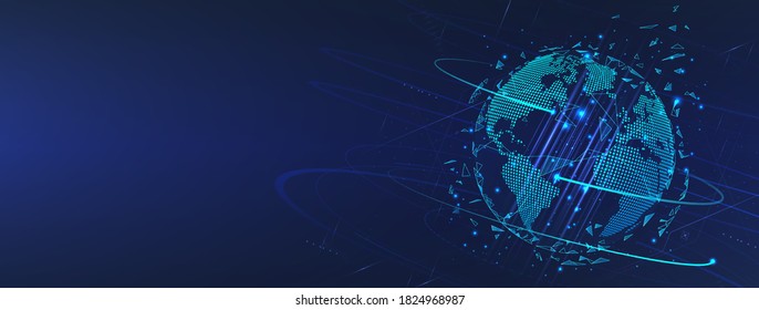 Futuristic Earth Globe Hologram. Map Of The Planet In Digital Style. World Map With Global Social Network. Future Concept. Blue Futuristic Background With Planet Earth Created. Vector Tech Earth Globe