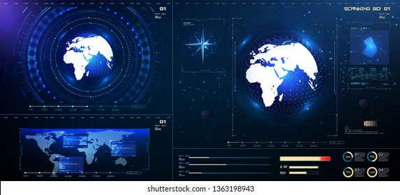 Futuristic earth in modern HUD style on blue background. planets. Satellites digital global technology concept. Maps futuristic technology HUD screen and set UI elements.  