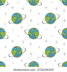 Terra Futurista. Padrão com universo estelar cósmico. Desenhado à mão esboço estilo doodle, fundo bonito com planetas e estrelas.
