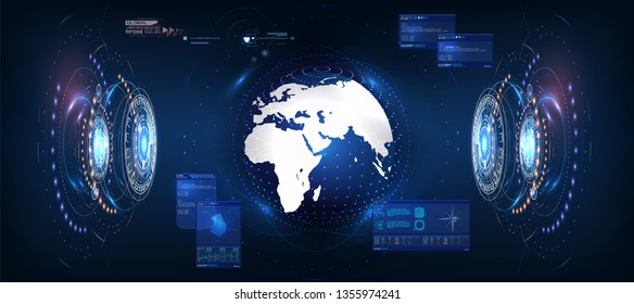 Futuristic Earth in style HUD, great design for any purposes. Vector globe. Blue background. Computer technology background. Interface with Earth globe 3d in control center  Vector illustration gui.