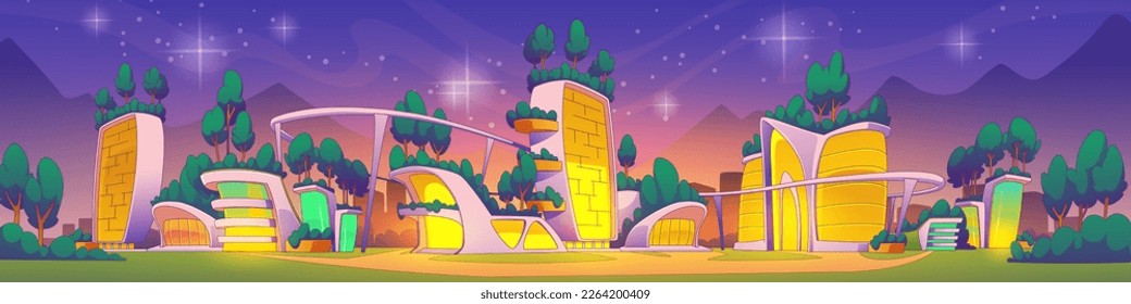 Futuristic eco city at night vector illustration. Contemporary cartoon glass office and housing buildings with green trees on roofs and balconies, windows illuminated with color lights. Modern tech