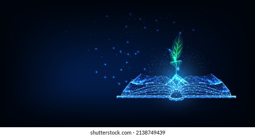 Futuristic eco education concept with glowing low polygonal book and sprout