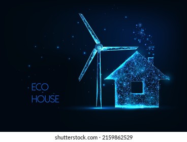 Futuristic eco home with renewable energy sources concept with glowing house and wind turbine 