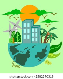 A futuristic eco-friendly vector illustration featuring Earth, modern office buildings, wind turbines, trees, sun, clouds, and a flying bird. Symbolizes the balance between technological progress