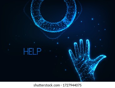 Futuristic economic help, crisis support concept with glowing low polygonal human hand reaching lifesaver life buoy on dark blue background. Modern wire frame mesh design vector illustration. 