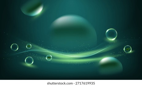 Futuristic eco-technology background featuring glowing green particles, fluid waves, and organic leaves inside glass bubbles for sustainability and biotechnology concept.