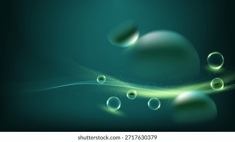 Futuristic eco-technology background featuring glowing green particles, fluid waves, and organic leaves inside glass bubbles for sustainability and biotechnology concept.