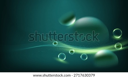 Futuristic eco-technology background featuring glowing green particles, fluid waves, and organic leaves inside glass bubbles for sustainability and biotechnology concept.