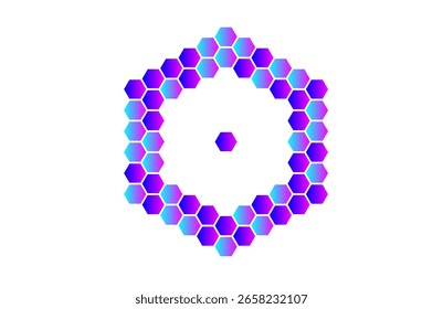 Anel Hexagonal Gradiente Editável Futurista com Telha Central - Arte Geométrica Neon Azul e Roxo - Design Futurista Abstrato para Tecnologia, Interface do Usuário e UX, e Visualizações de Dados Digitais