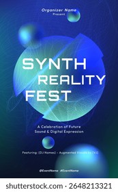 Cartaz de evento EDM futurista com esferas digitais abstratas, gradientes brilhantes e tipografia arrojada. Perfeito para festivais, sets de DJ e experiências audiovisuais imersivas.

