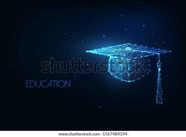 Futuristic education concept with glowing\
low polygonal graduation hat isolated on dark blue background.\
Academic study, online learning banner. Modern wire frame mesh\
design vector\
illustration.
