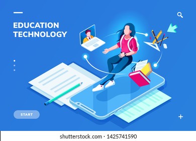 Futuristic education technology page for smartphone application. Isometric banner for online education. Student woman on top of phone and teacher at notebook. Digital college or school. E-learning
