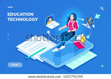 Futuristic education technology page for smartphone application. Isometric banner for online education. Student woman on top of phone and teacher at notebook. Digital college or school. E-learning