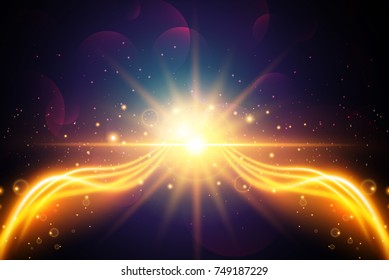 Futuristic effect lights and sparks. Abstract background with blurred magic neon light curved lines star burst with sparkles.Flashes and glares bright rays of light glowing energy technology concept


