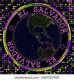 Futuristic El Salvador on globe. Bright neon satellite view of the world centered to El Salvador. Geographical illustration with shape of country and geometric background. Neat vector illustration.