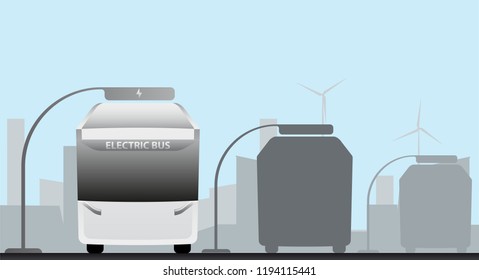 Futuristic electric bus at a stop is charged by pantograph. Two buses on a background. Vector illustration EPS 10
