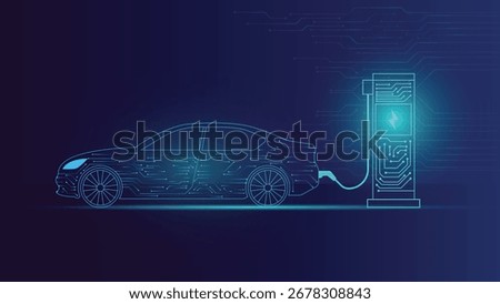 Futuristic electric car charging background with glowing digital circuits, clean energy, eco friendly transportation and modern automotive technology innovation design