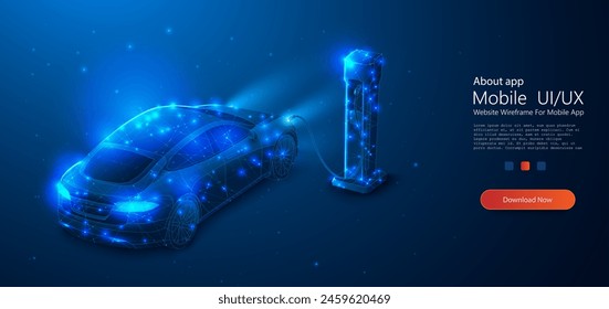 Futuristic Electric Car Charging at a Digital Station with Dynamic Light Effects. Futuristic electric car connected to a glowing charging station, on a dark background. EV concept. Vector illustration