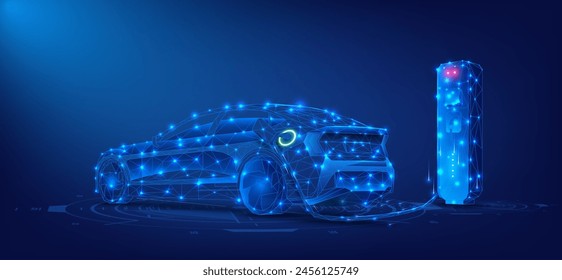 Futuristic Electric Car and Charging Station with Neon Blue Lights. A visionary depiction of an electric car at a charging station,neon blue lights, symbolizing cutting-edge automotive technology. 