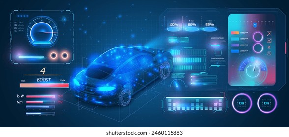 Diseño de interfaz HUD interactivo de coche eléctrico futurista. Interfaz HUD dinámica, que muestra varias métricas del vehículo y controles digitales. Pantalla futurista con datos, velocímetro, panel de estadísticas.