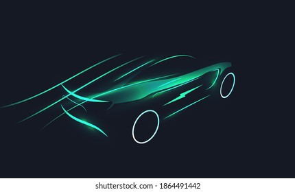 Silhouette de auto eléctrico futurista en movimiento sobre fondo oscuro. Concepto de EV. El concepto de transporte ecológico. Ilustración del vector