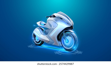 Futuristic electric motorcycle concept with a sleek, aerodynamic design and glowing neon details, set on a vibrant blue background. Perfect for sci-fi design, innovation, and transport themes.